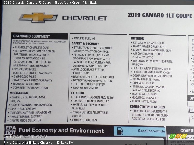  2019 Camaro RS Coupe Window Sticker