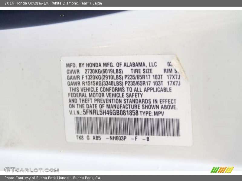White Diamond Pearl / Beige 2016 Honda Odyssey EX