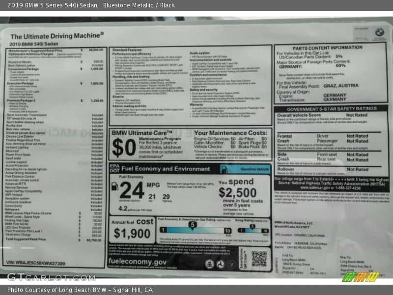 Bluestone Metallic / Black 2019 BMW 5 Series 540i Sedan