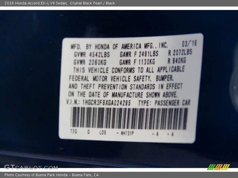 Crystal Black Pearl / Black 2016 Honda Accord EX-L V6 Sedan