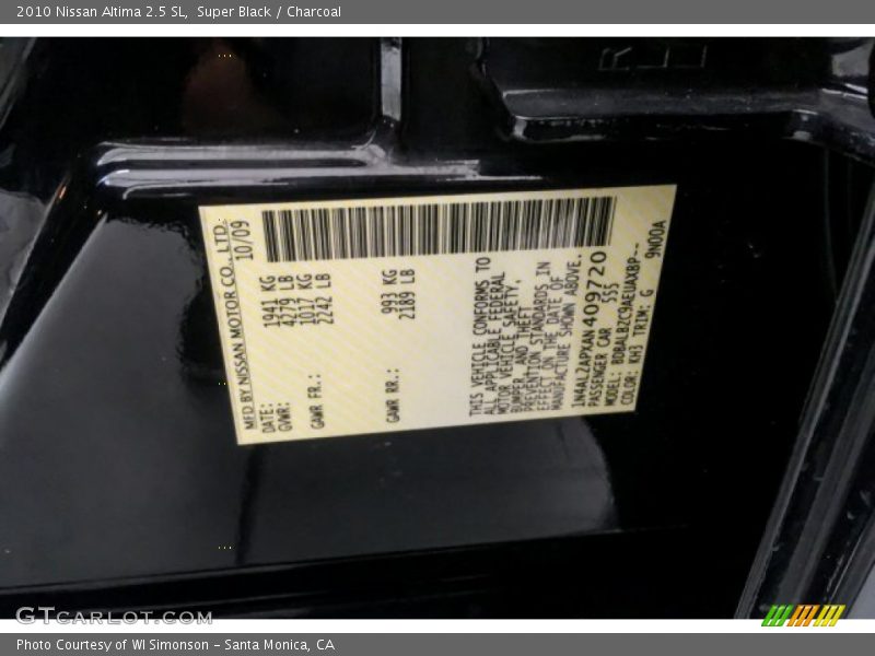 Super Black / Charcoal 2010 Nissan Altima 2.5 SL