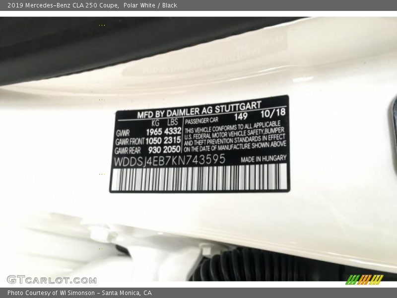 Polar White / Black 2019 Mercedes-Benz CLA 250 Coupe