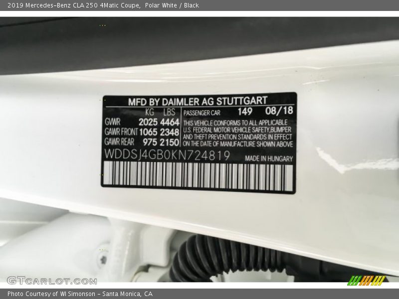 2019 CLA 250 4Matic Coupe Polar White Color Code 149