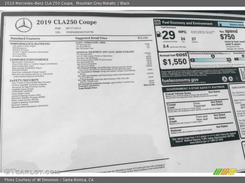 Mountain Grey Metallic / Black 2019 Mercedes-Benz CLA 250 Coupe