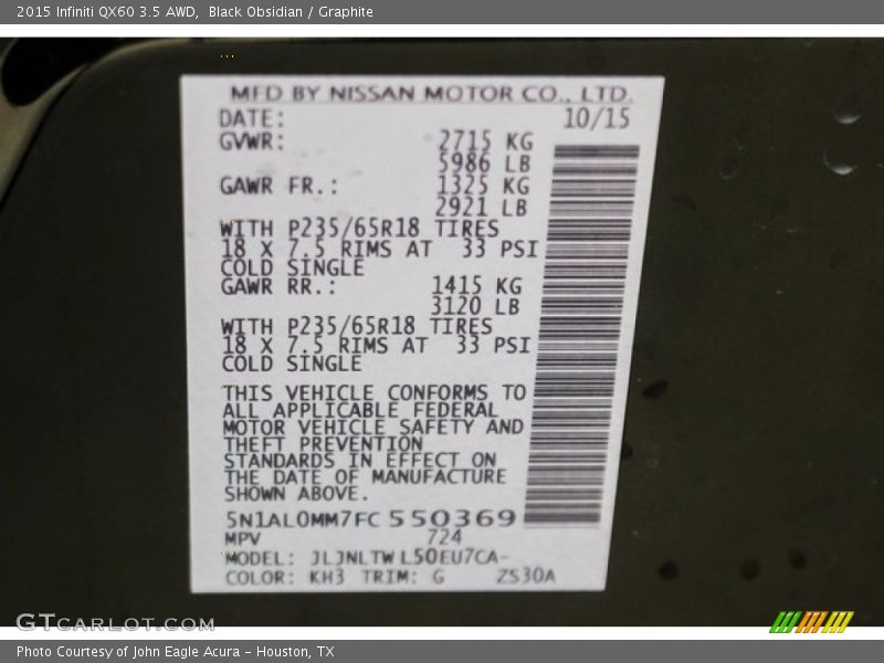 Black Obsidian / Graphite 2015 Infiniti QX60 3.5 AWD