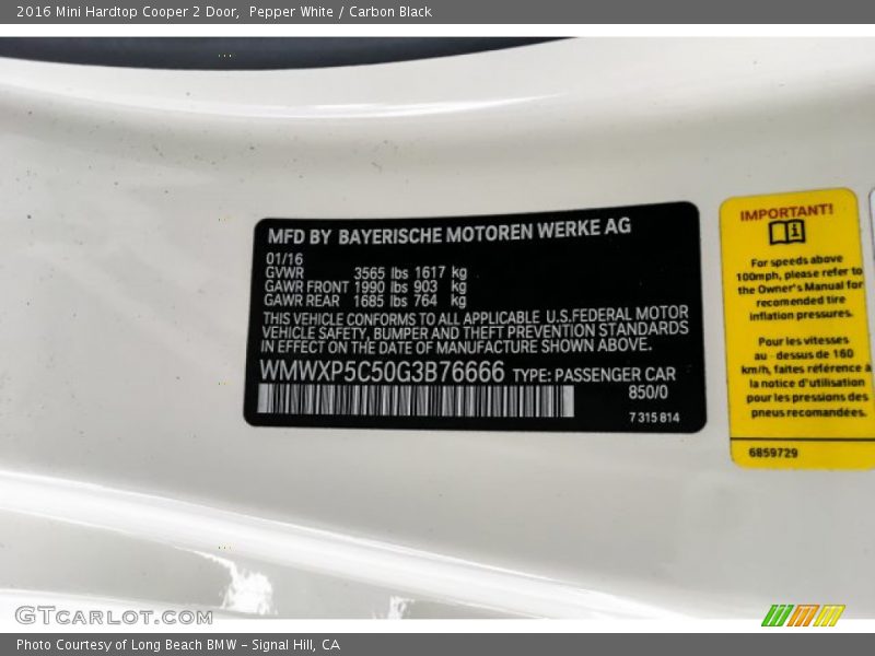 Pepper White / Carbon Black 2016 Mini Hardtop Cooper 2 Door
