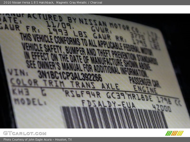 Magnetic Gray Metallic / Charcoal 2010 Nissan Versa 1.8 S Hatchback