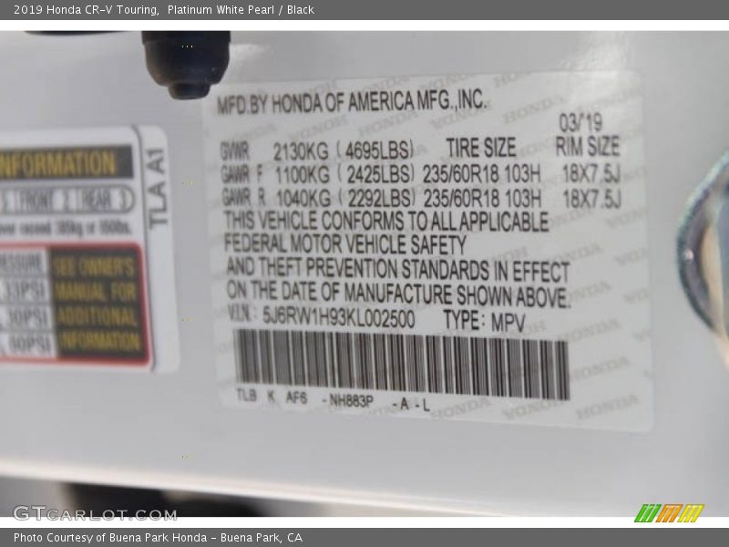 Platinum White Pearl / Black 2019 Honda CR-V Touring