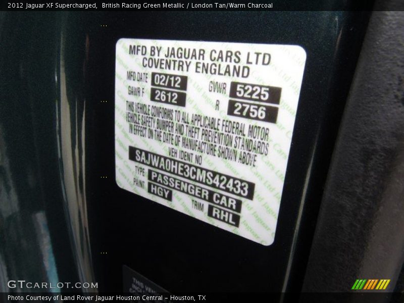 2012 XF Supercharged British Racing Green Metallic Color Code HGY