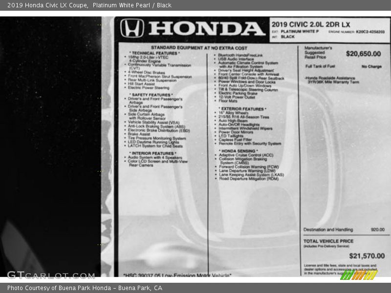 Platinum White Pearl / Black 2019 Honda Civic LX Coupe