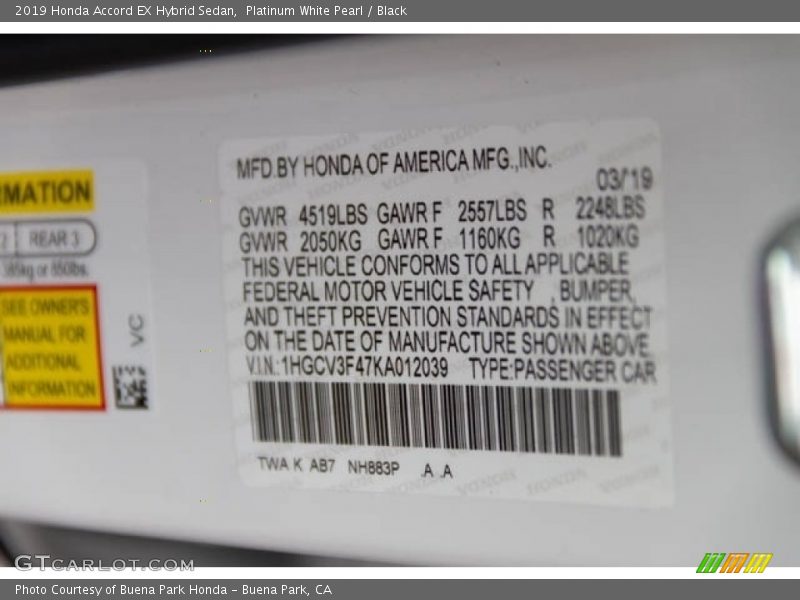 Platinum White Pearl / Black 2019 Honda Accord EX Hybrid Sedan