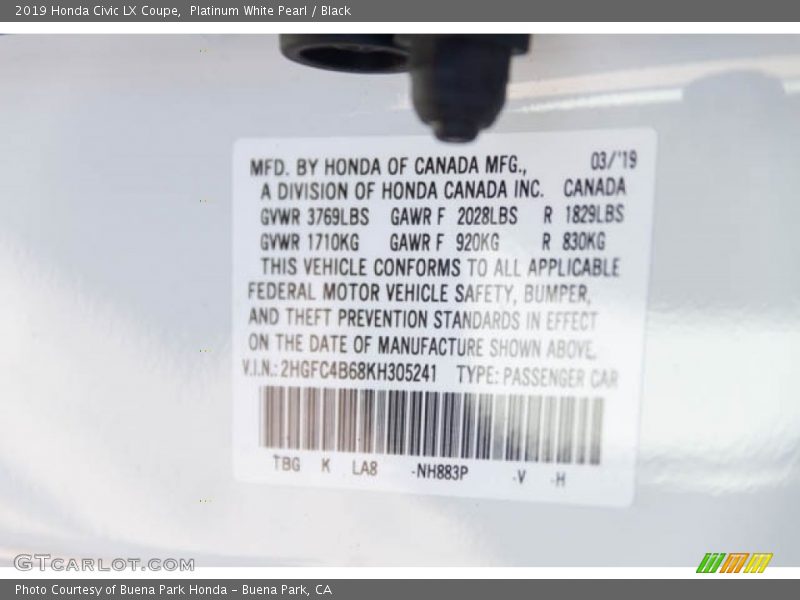 Platinum White Pearl / Black 2019 Honda Civic LX Coupe