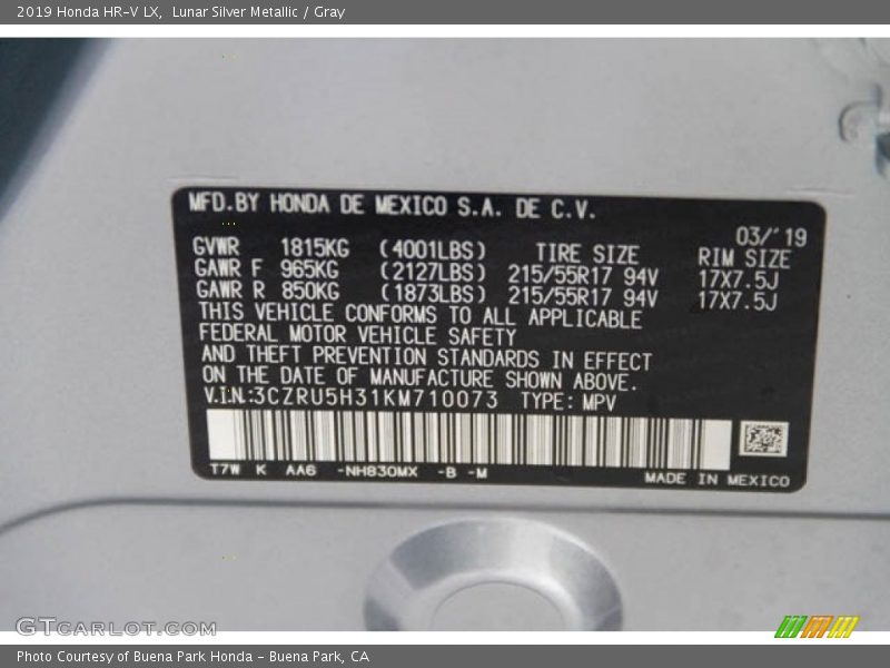 Lunar Silver Metallic / Gray 2019 Honda HR-V LX