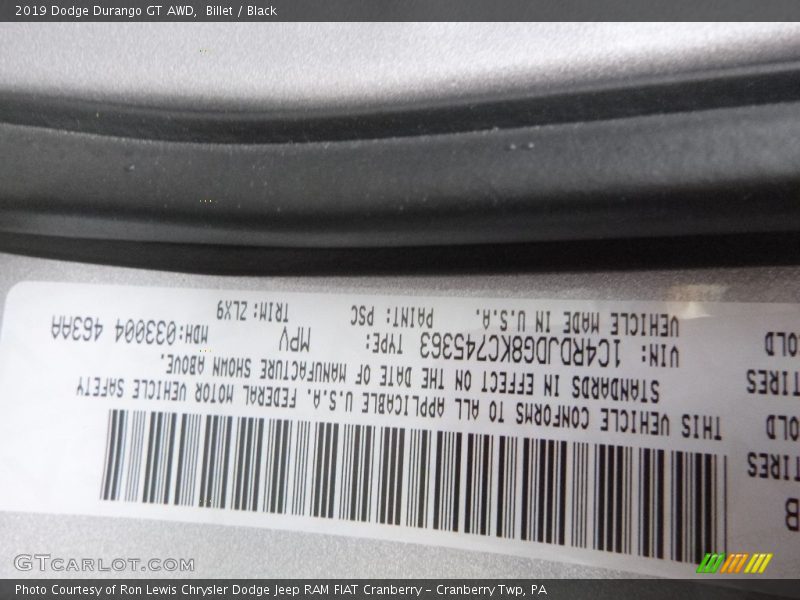 Billet / Black 2019 Dodge Durango GT AWD