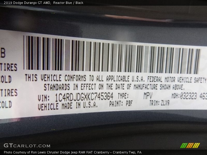 Reactor Blue / Black 2019 Dodge Durango GT AWD