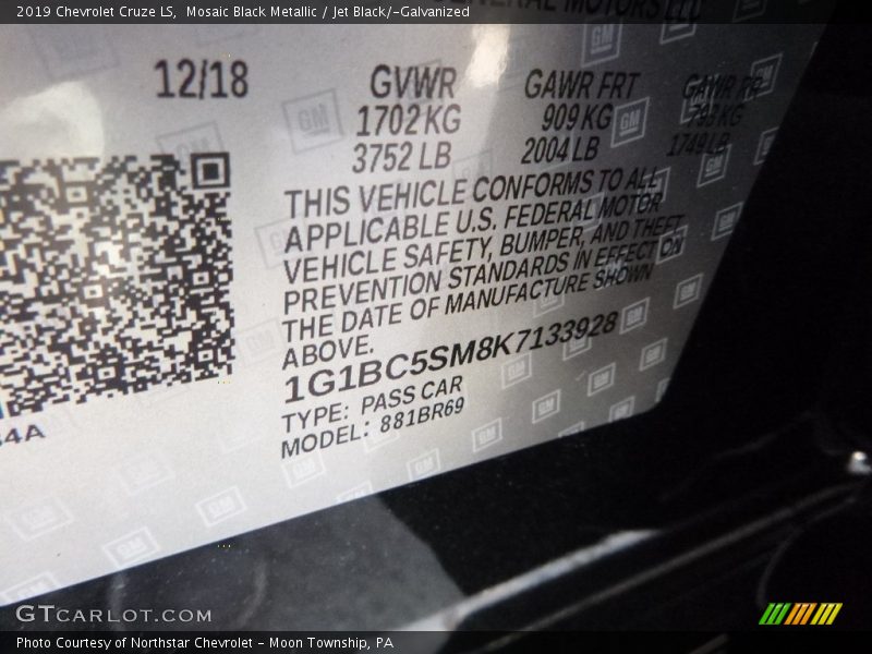 Mosaic Black Metallic / Jet Black/­Galvanized 2019 Chevrolet Cruze LS