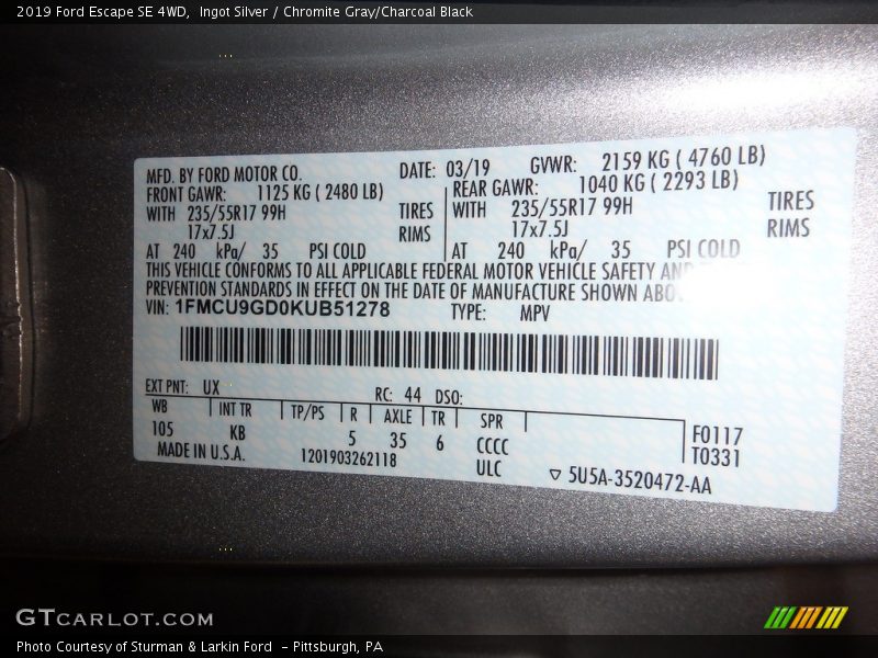 Ingot Silver / Chromite Gray/Charcoal Black 2019 Ford Escape SE 4WD