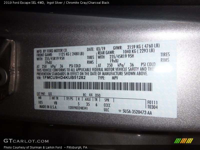 Ingot Silver / Chromite Gray/Charcoal Black 2019 Ford Escape SEL 4WD