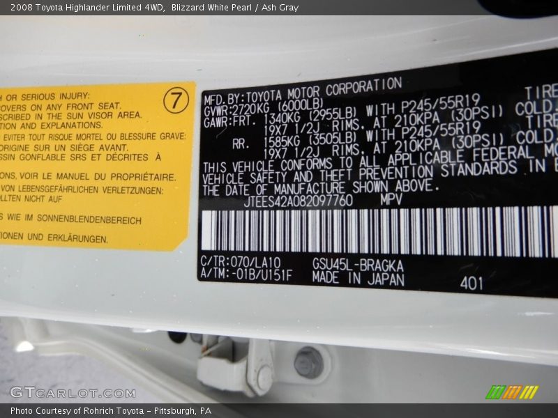 Blizzard White Pearl / Ash Gray 2008 Toyota Highlander Limited 4WD