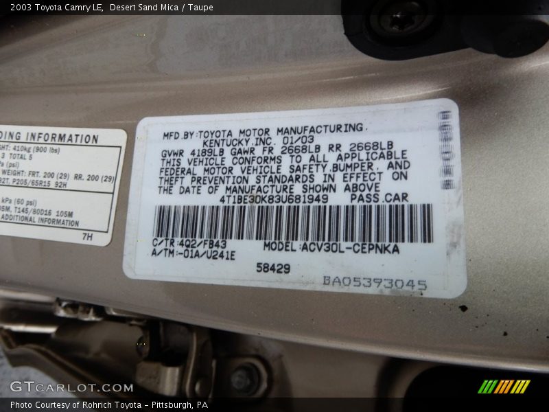 Desert Sand Mica / Taupe 2003 Toyota Camry LE