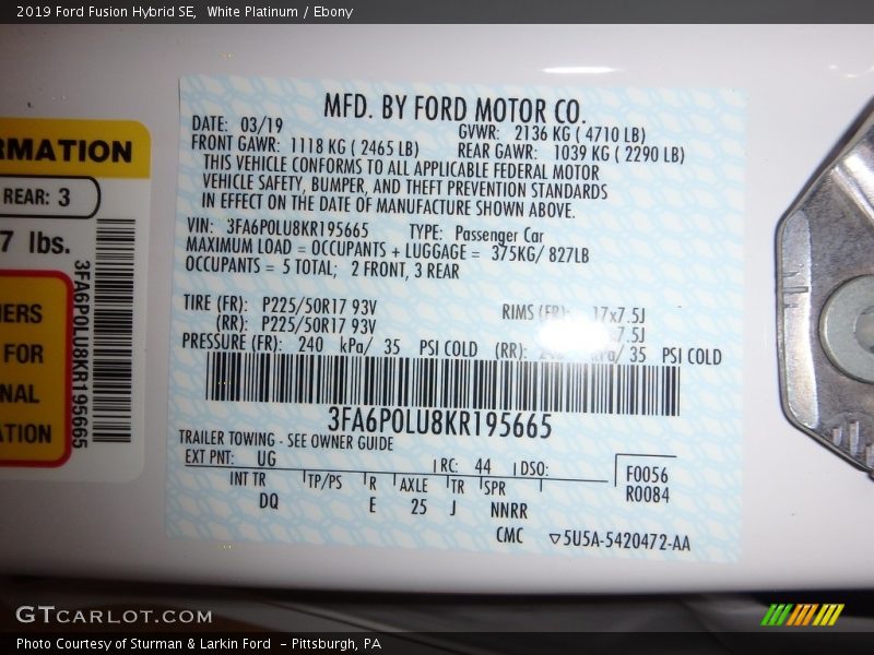 White Platinum / Ebony 2019 Ford Fusion Hybrid SE