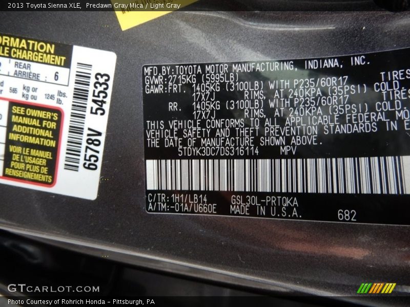 Predawn Gray Mica / Light Gray 2013 Toyota Sienna XLE