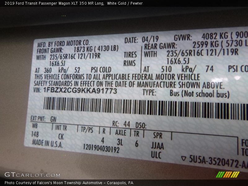 2019 Transit Passenger Wagon XLT 350 MR Long White Gold Color Code GN