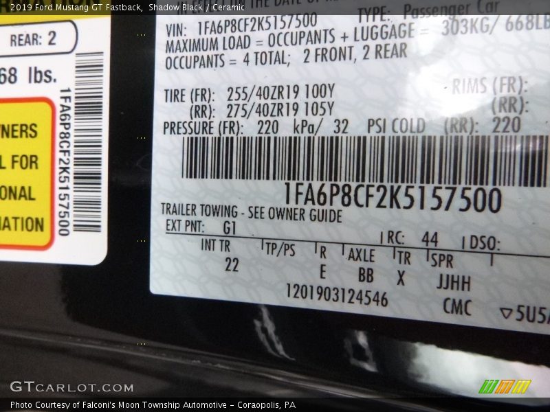 2019 Mustang GT Fastback Shadow Black Color Code G1