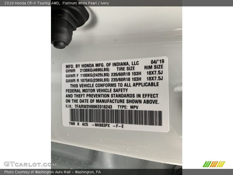 Platinum White Pearl / Ivory 2019 Honda CR-V Touring AWD