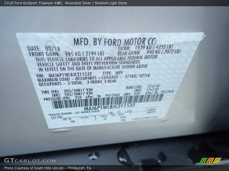 Moondust Silver / Medium Light Stone 2018 Ford EcoSport Titanium 4WD