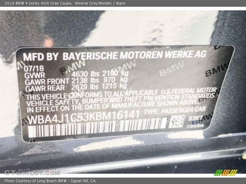 Mineral Grey Metallic / Black 2019 BMW 4 Series 430i Gran Coupe