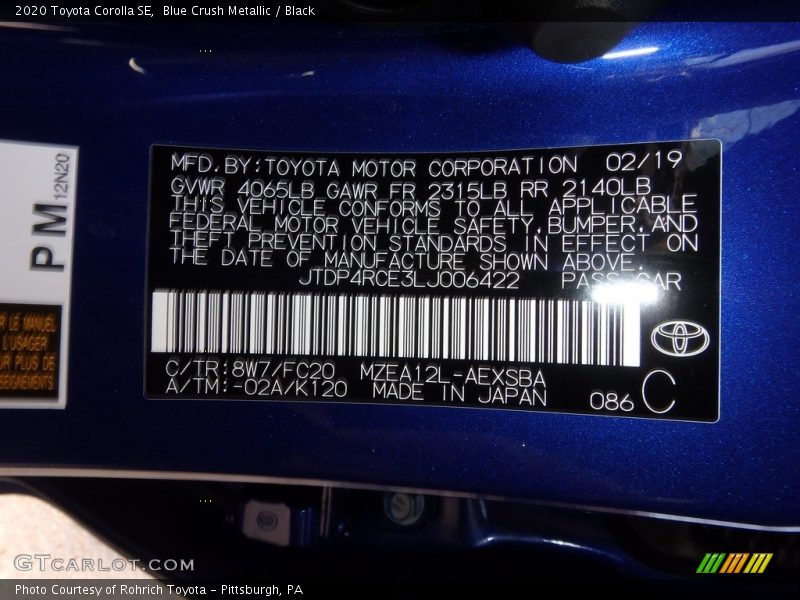 2020 Corolla SE Blue Crush Metallic Color Code 8W7