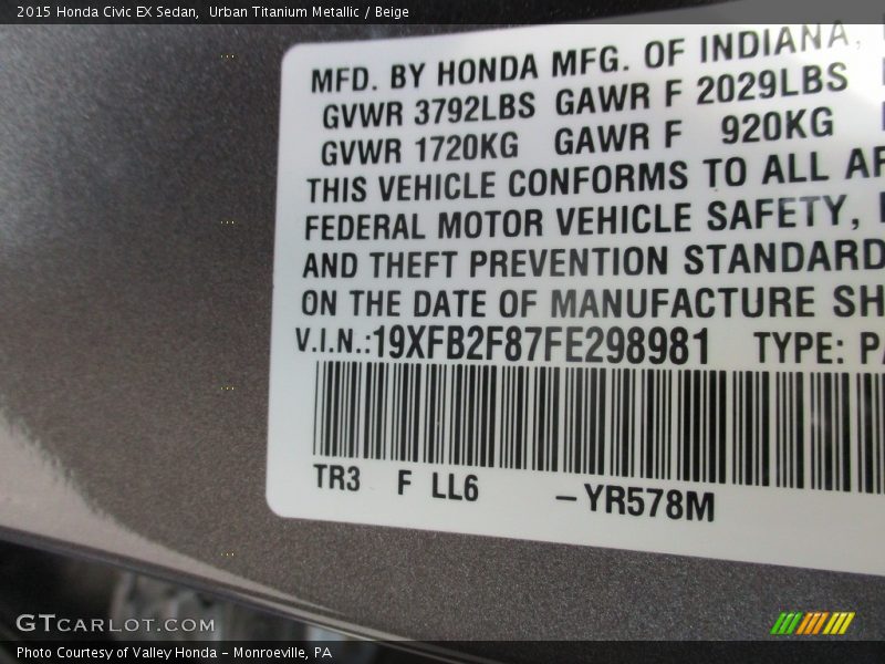 Urban Titanium Metallic / Beige 2015 Honda Civic EX Sedan