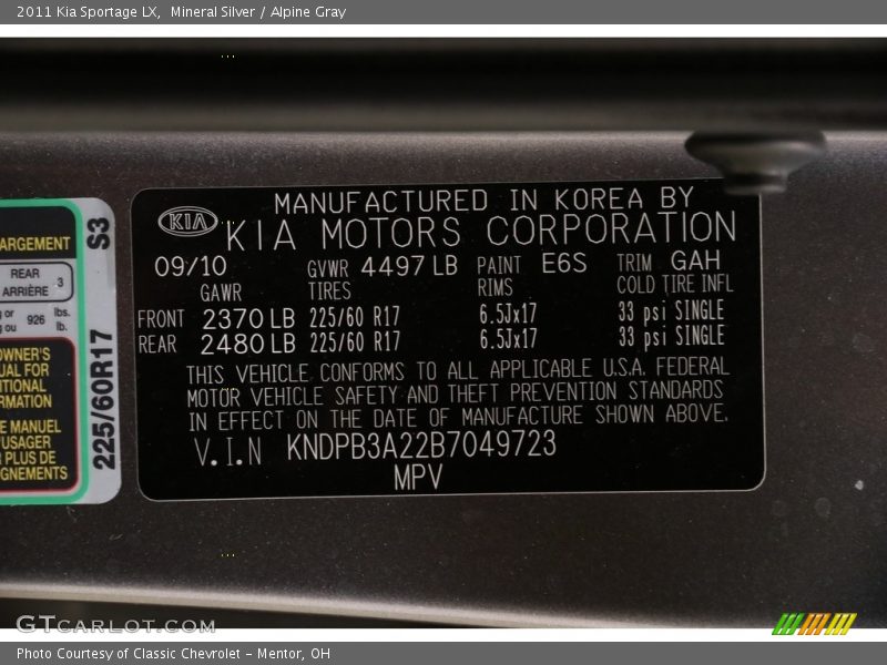 Mineral Silver / Alpine Gray 2011 Kia Sportage LX