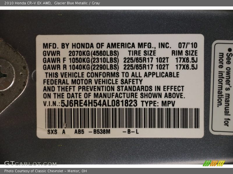 Glacier Blue Metallic / Gray 2010 Honda CR-V EX AWD