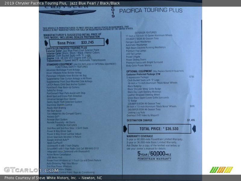 Jazz Blue Pearl / Black/Black 2019 Chrysler Pacifica Touring Plus