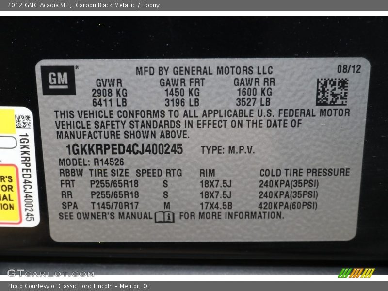 Carbon Black Metallic / Ebony 2012 GMC Acadia SLE