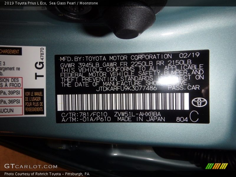 2019 Prius L Eco Sea Glass Pearl Color Code 781