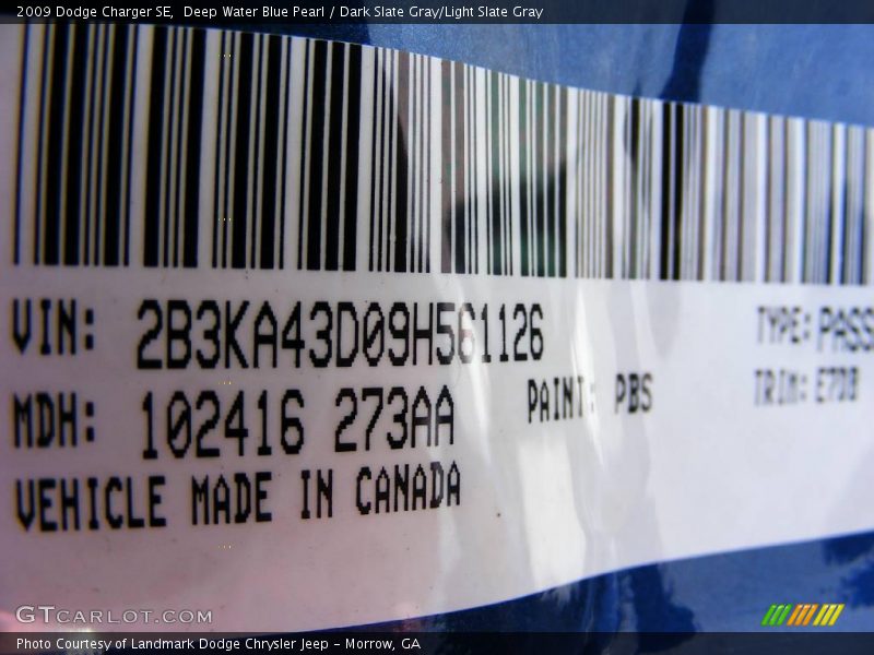 Deep Water Blue Pearl / Dark Slate Gray/Light Slate Gray 2009 Dodge Charger SE