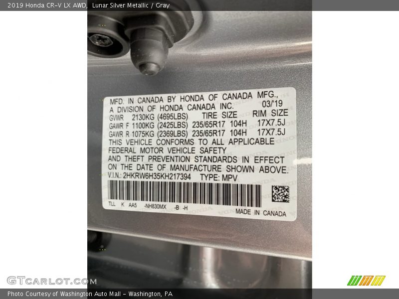 Lunar Silver Metallic / Gray 2019 Honda CR-V LX AWD