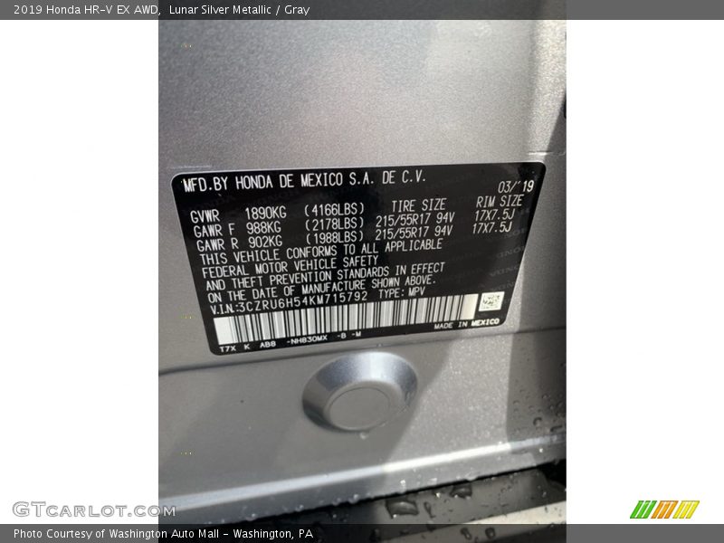 Lunar Silver Metallic / Gray 2019 Honda HR-V EX AWD