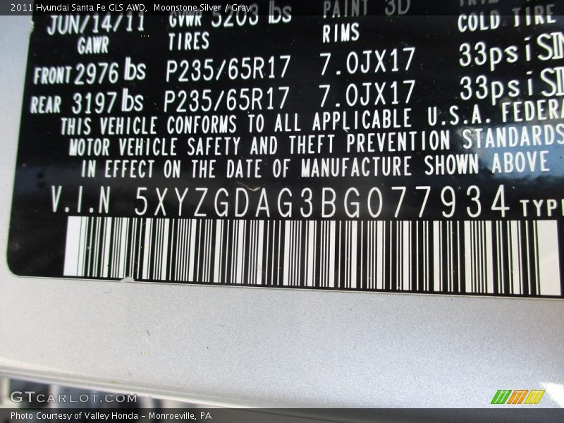 Moonstone Silver / Gray 2011 Hyundai Santa Fe GLS AWD