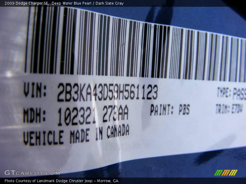 Deep Water Blue Pearl / Dark Slate Gray 2009 Dodge Charger SE
