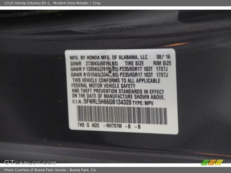 Modern Steel Metallic / Gray 2016 Honda Odyssey EX-L