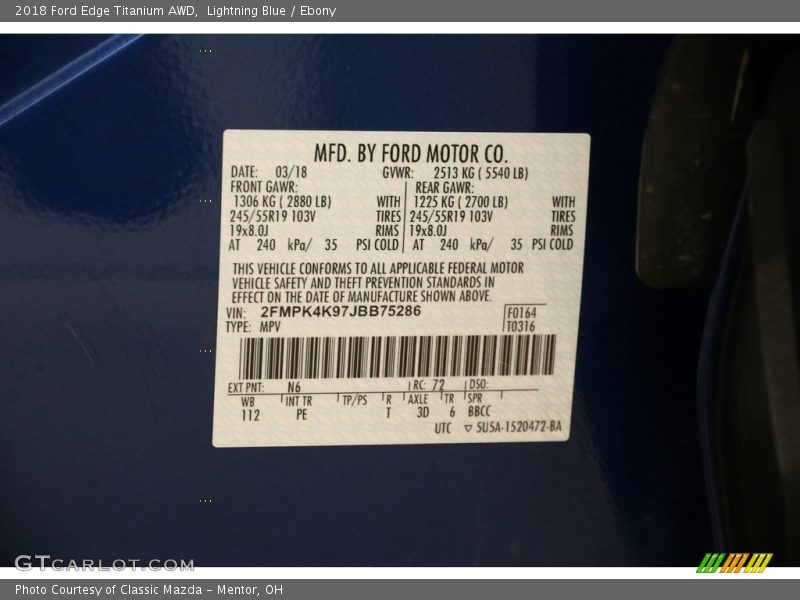 Lightning Blue / Ebony 2018 Ford Edge Titanium AWD