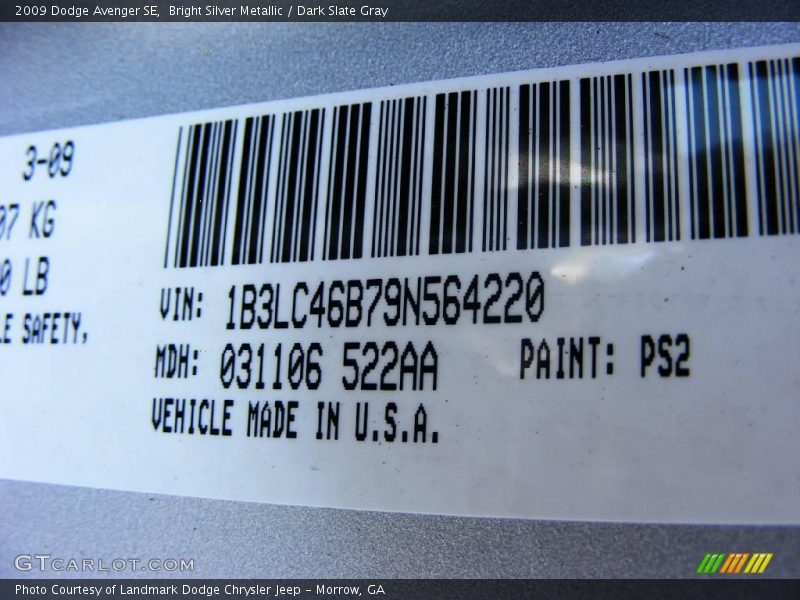 Bright Silver Metallic / Dark Slate Gray 2009 Dodge Avenger SE