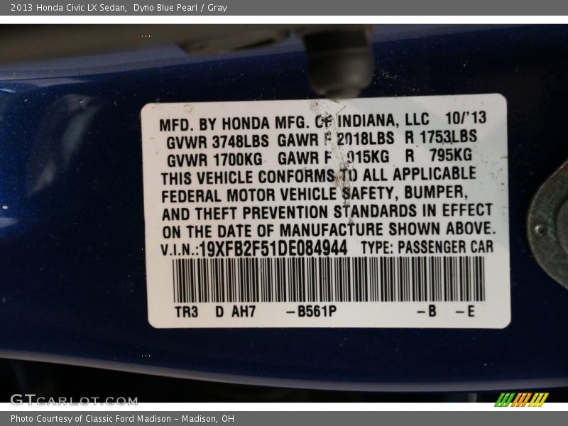 Dyno Blue Pearl / Gray 2013 Honda Civic LX Sedan