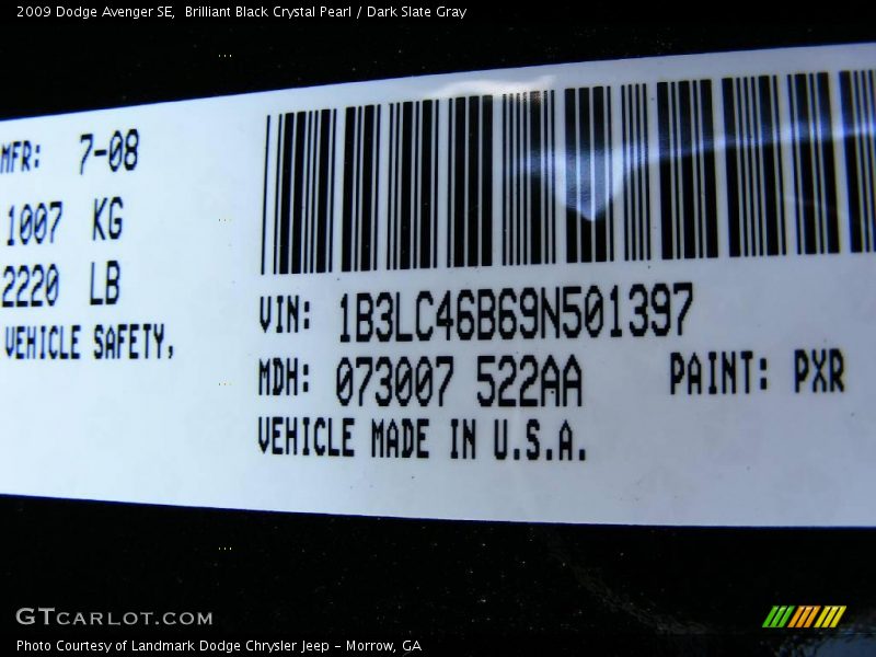 Brilliant Black Crystal Pearl / Dark Slate Gray 2009 Dodge Avenger SE