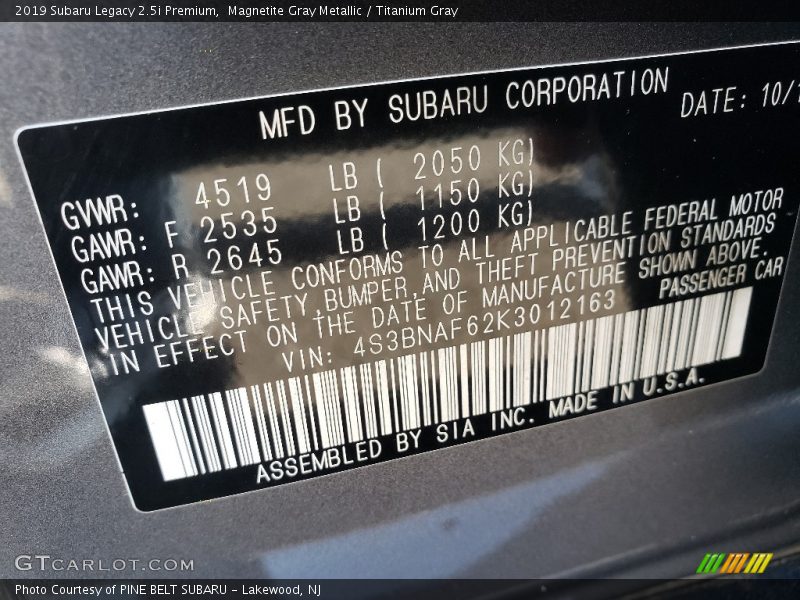 Magnetite Gray Metallic / Titanium Gray 2019 Subaru Legacy 2.5i Premium