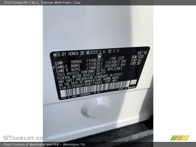 Platinum White Pearl / Gray 2019 Honda HR-V EX-L